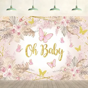 Oh Baby photography backdrop with pink butterflies and golden floral design for baby showers