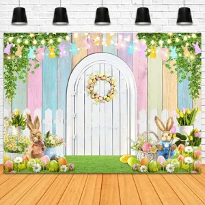 Vibrant Ostern Fotohintergrund mit bunten Hasen, Eiern und floraler Dekoration
