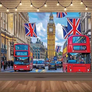British Style London Street Scene Photography Backdrop Retro Big Ben Red Bus UK Flag Party Decor Polyester Tapestry Wall Hanging
