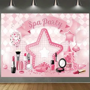 Sfondo fotografico rosa per spa party con trucchi e palloncini per compleanno bambina
