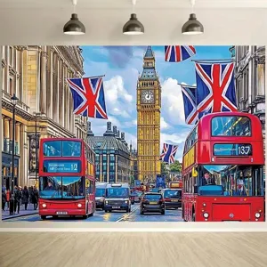 Vintage London street photography backdrop with Big Ben and red double-decker bus