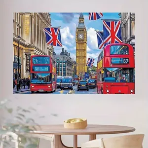 British style photography backdrop featuring iconic London street scene with red buses