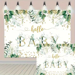 Sfondo fotografico Hello Baby con eucalipto dorato per decorazione festa baby shower