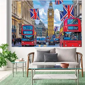 British style London street photography backdrop with Big Ben and iconic red bus design