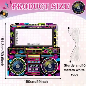 Buntes Retro-Ghettoblaster-Hintergrundbanner mit Größenangaben und 10 m weißem Seil