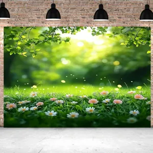 Toile de fond photographique forêt et prairie avec marguerites et lumière naturelle du soleil