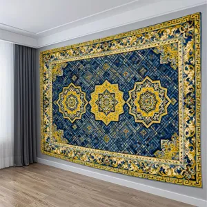 Fond de photographie style palais vintage avec motifs géométriques bleus et dorés ornés