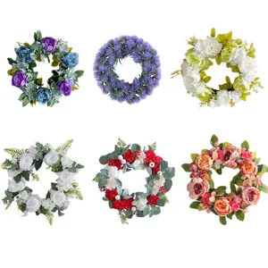 Collection of six vibrant artificial peony wreaths for festive home door and wall decoration