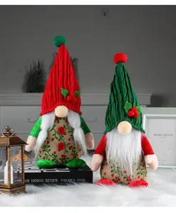 Handmade Christmas gnomes with knitted hats and cherry patterned burlap bodies