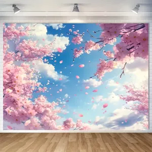 Dreamy pink cherry blossom photography backdrop with blue sky for spring party decor