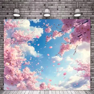 Cherry blossom theme photography backdrop with pink flowers and blue sky