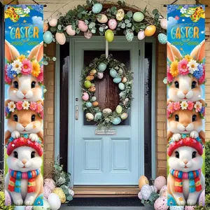 Decorative Easter porch banners featuring cute cartoon rabbits with Happy Easter text