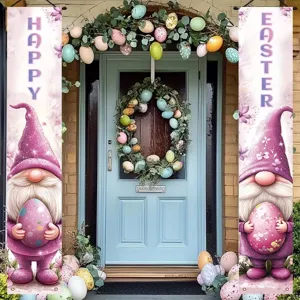 Juego de pancartas de Pascua con gnomos púrpuras y huevos decorados para adorno de puertas.