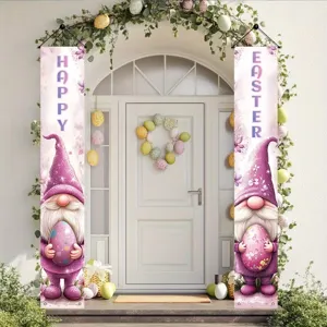 Pancartas de porche de gnomos de Pascua rosa púrpura con estampado Happy Easter para casa