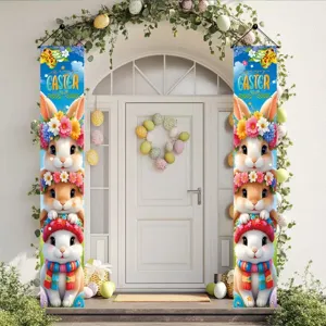 Vibrant Happy Easter porch banners featuring cute bunnies with flower crowns for home decor