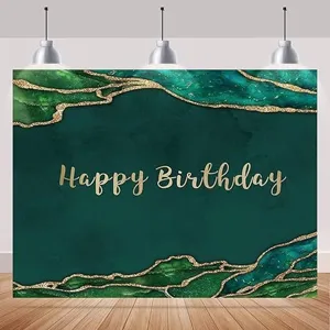 Sfondo Fotografico Buon Compleanno in Poliestere Stampato Verde Scuro Marmo Foglia d'Oro Decorazione per Festa di Compleanno Telo da Parete
