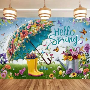 Fondo fotográfico vibrante de primavera con flores paraguas botas de lluvia y texto Hello Spring