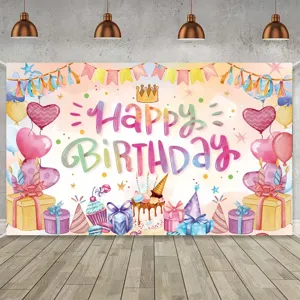 Sfondo fotografico per compleanno con testo Happy Birthday e decorazioni colorate