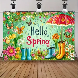 Fondo fotográfico tema Hello Spring con flores, botas de lluvia y diseño de paraguas.