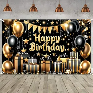 Sfondo di compleanno di lusso nero e oro con palloncini e scatole regalo per feste