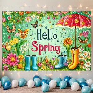Fondo fotográfico Hello Spring con flores y paraguas para decoración de fiestas de primavera