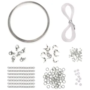 Comprehensive stainless steel jewelry making kit with lobster clasps and jump rings.