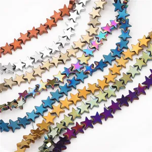 Macro view of electroplated star-shaped hematite beads in assorted vibrant metallic colors
