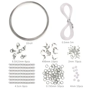 Comprehensive DIY jewelry making kit with stainless steel wires, clasps, and beads.