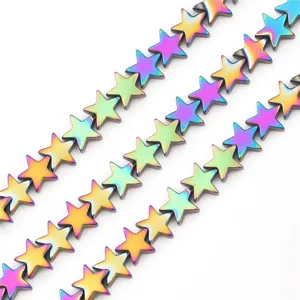 Close-up of rainbow electroplated hematite star beads for DIY jewelry making