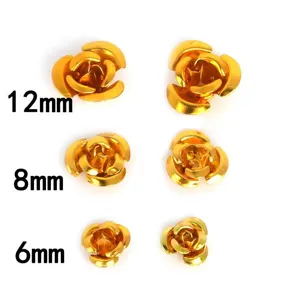Detailed comparison of three sizes (6mm, 8mm, 12mm) of golden aluminum 3D rose flower beads.
