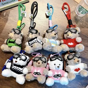 Plush bear keychains with cool goggles and colorful knitted sweaters for bag charm