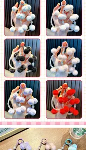 Detailed view of colorful plush pom-pom beaded phone straps in multiple colors.