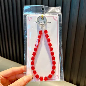 Dragonne de téléphone en perles de cristal rouge avec anneau en argent, accessoire de mode