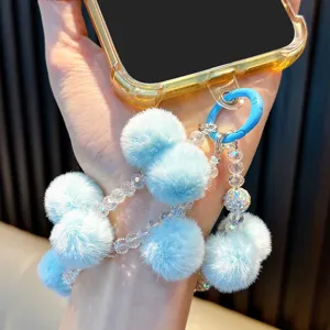 Creative light blue faux fur pom-pom and beaded phone strap lanyard accessory for women