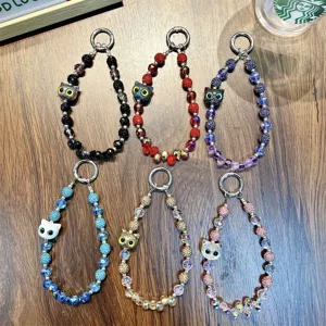 Porte-clés en perles de strass colorées avec tête de chat de dessin animé mignonne