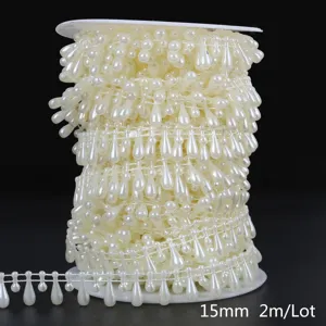 Close-up of cream white teardrop ABS imitation pearl chain, 15mm bead size, 2m roll