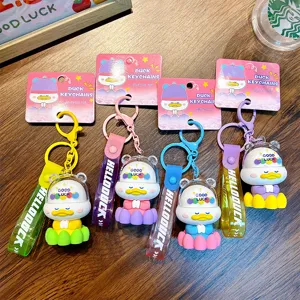 Set of 4 vibrant cartoon duck keychains with protective domes and Hello Duck wrist straps.