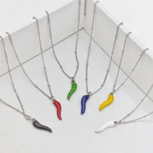 Multi-color enamel chili pepper necklaces on silver-tone stainless steel bead chains.