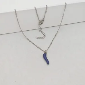 Detailed view of a stainless steel necklace with a minimalist blue chili pepper pendant.