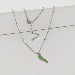 Detailed view of stainless steel necklace with vibrant green chili pepper pendant.