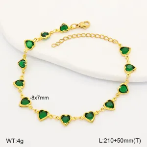 Detailed view of gold stainless steel heart anklet with green gems and dimensions