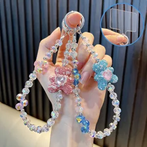 Rhinestone Heart Bear Beaded Phone Lanyard Acrylic Iridescent Crystal Bead Bag Charm Alloy Animal Pendant Mobile Keychain For Women Girls