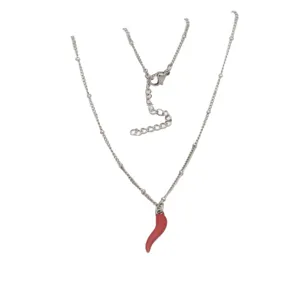 Elegant silver stainless steel necklace featuring a vibrant red enamel chili pepper pendant