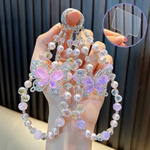Crystal Butterfly Beaded Phone Lanyard Chain Aesthetic Butterfly Charm Keychain For Women Girls Phone Case Decoration