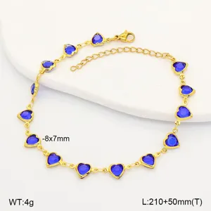 Gold-plated stainless steel anklet featuring vibrant blue heart-shaped crystal charms