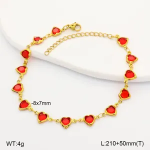 Detail view of gold-plated stainless steel anklet with red heart stones and dimensions