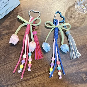 Bohemian handmade tulip flower keychain with braided rope and colorful silk tassels