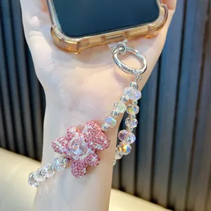 Sparkling pink rhinestone bear beaded phone charm strap with heart gem for wrist