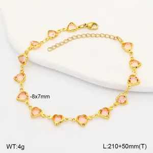 Close-up of gold stainless steel anklet with pink heart-shaped stones and dimensions