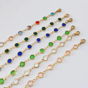 Stainless Steel Round Glass Stone Anklet Colorful Dopamine Style Foot Jewelry For Women Adjustable Minimalist Chain Accessory